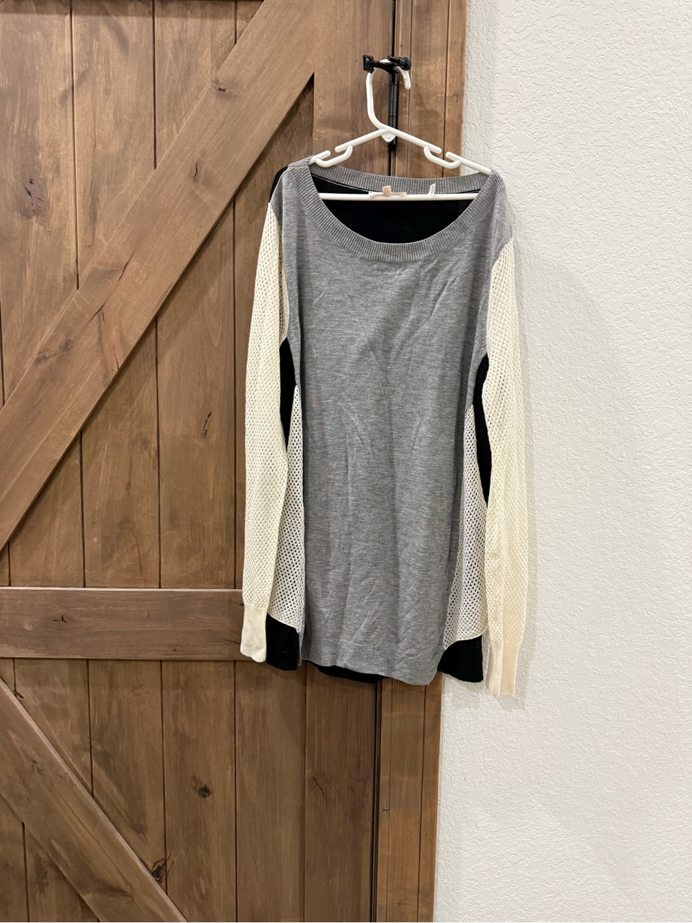 Rebecca Taylor Gray Knit Top with Cream Mesh Long Sleeves and Black Accents